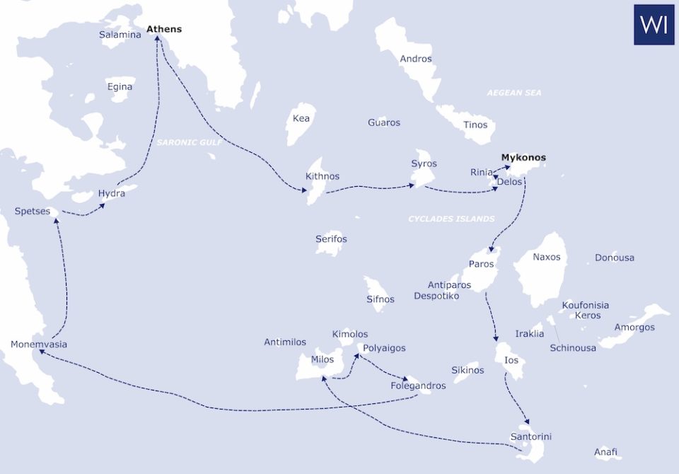 Our yacht charter itinerary in the Cyclades from Athens to Athens